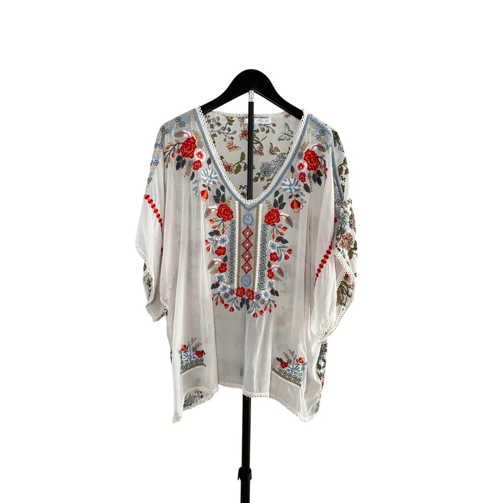 Kyla Seo Womens XL Floral Embroidered Sheer Viscose Tunic Blouse Lace Trim Boho
